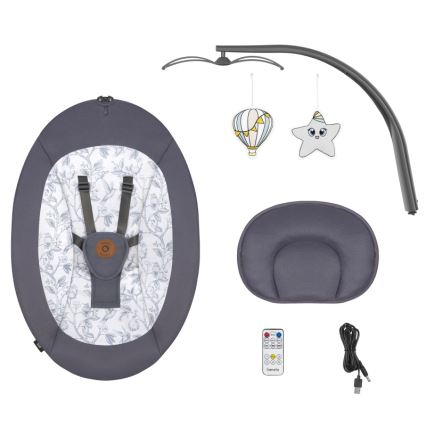 Lionelo - Huśtawka dla dzieci z melodią RALF 4xAA Szary/Biały + pilot zdalnego sterowania