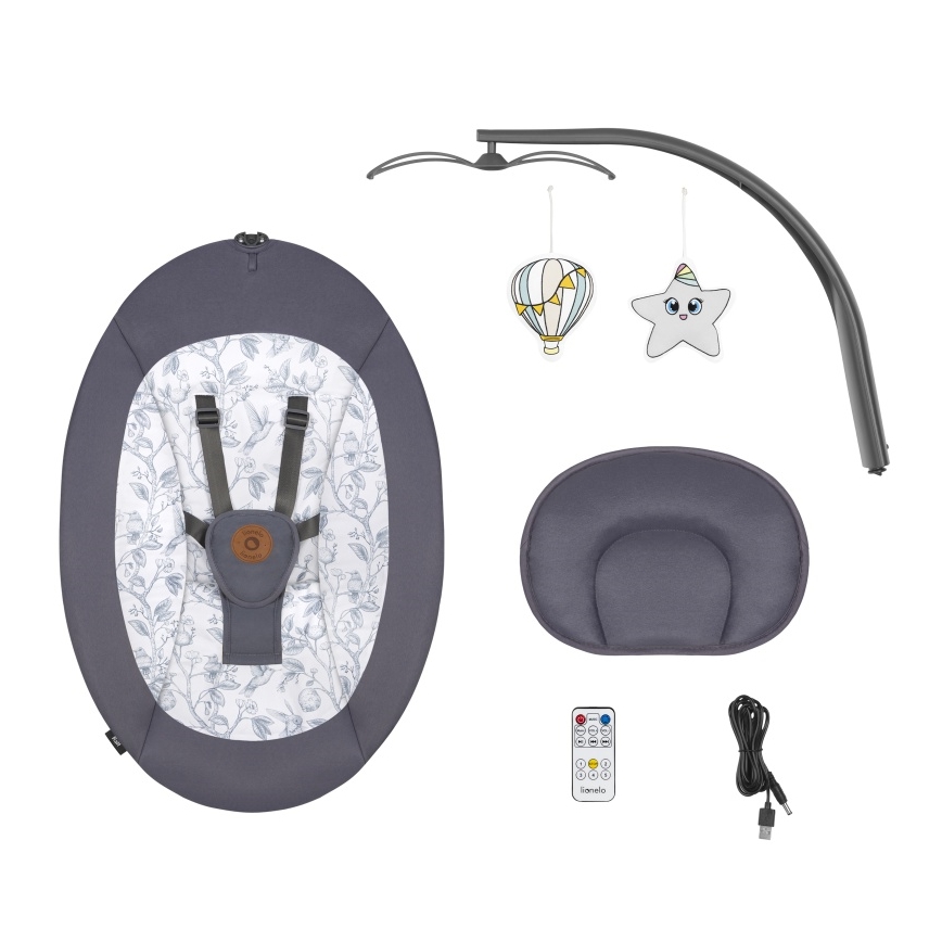 Lionelo - Huśtawka dla dzieci z melodią RALF 4xAA Szary/Biały + pilot zdalnego sterowania