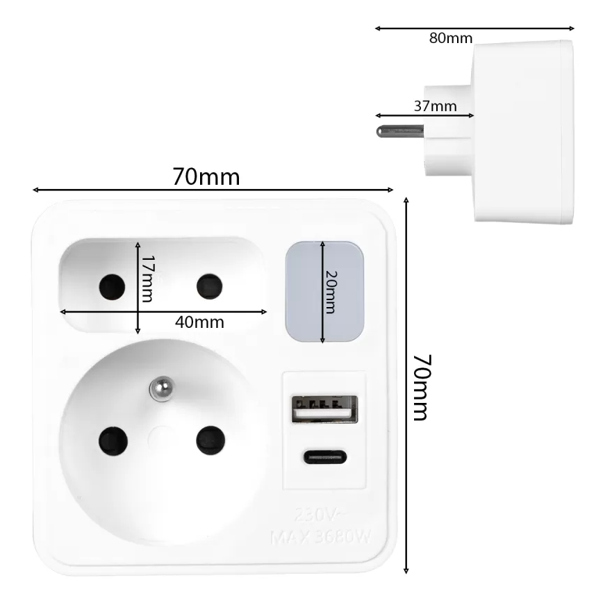Listwa zasilająca 2 gniazda + USB-C + USB-A z podświetleniem LED LED/0,5W/230V 3000K