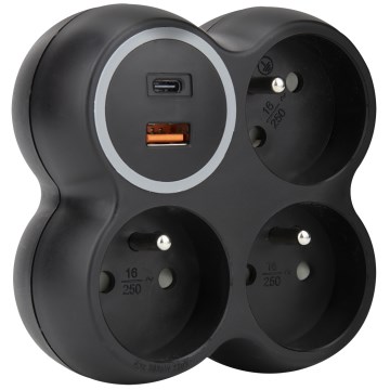 Listwa zasilająca 3x 15A z portami USB-A i USB-C, czarna