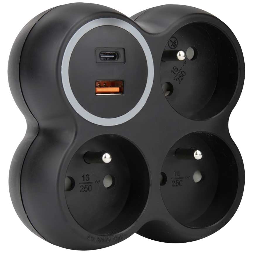 Listwa zasilająca 3x 15A z portami USB-A i USB-C, czarna