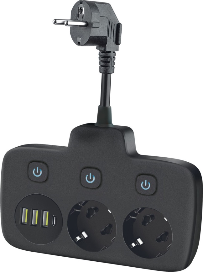 Listwa zasilająca LINEA z wyłącznikiem, 2x 230 V + 4x USB (A/C), gniazda SCHUKO, czarna