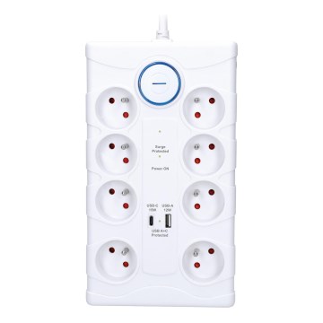 Listwa zasilająca z wyłącznikiem 8 gniazd, typ E + 1xUSB-A + 1xUSB-C, 2 m, biały
