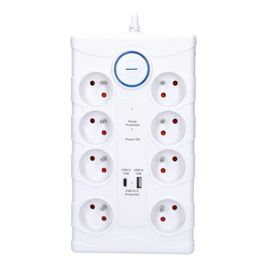 Listwa zasilająca z wyłącznikiem 8 gniazd, typ E + 1xUSB-A + 1xUSB-C, 2 m, biały