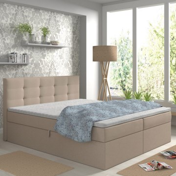 Łóżko tapicerowane EMBER 180x200 cm z materacami, nakładką na materac i pojemnikiem na pościel — beżowe