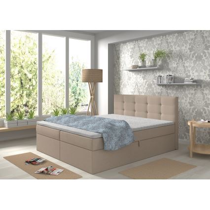 Łóżko tapicerowane z materacami i nakładka z miejscem do przechowywania EMBER 160x200 cm beżowe