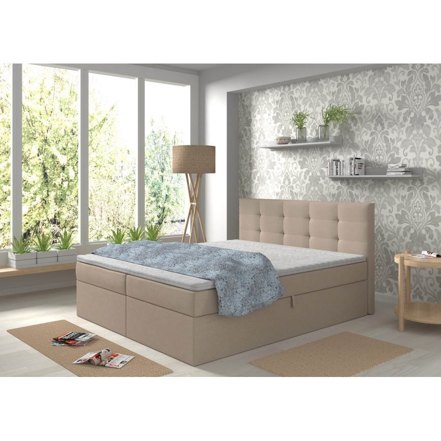 Łóżko tapicerowane z materacami i nakładka z miejscem do przechowywania EMBER 180x200 cm beżowe