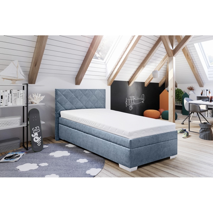 Łóżko tapicerowane z miejscem do przechowywania i materac LANA 90x200 cm niebieske