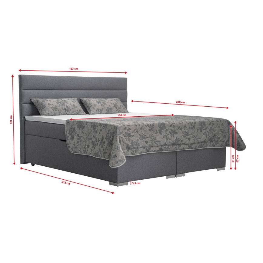Łóżko tapicerowane z miejscem do przechowywania i matracemi z topper NEW BOLERO 160x200 cm szare