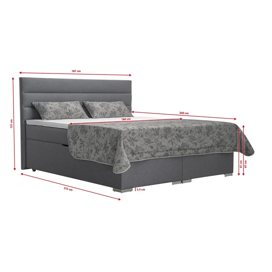 Łóżko tapicerowane z miejscem do przechowywania i matracemi z topper NEW BOLERO 180x200 cm szare