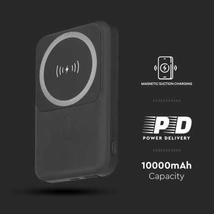 Magnetyczny powerbank z ładowaniem bezprzewodowym Power Delivery 10 000mAh/20W/3,7V czarny