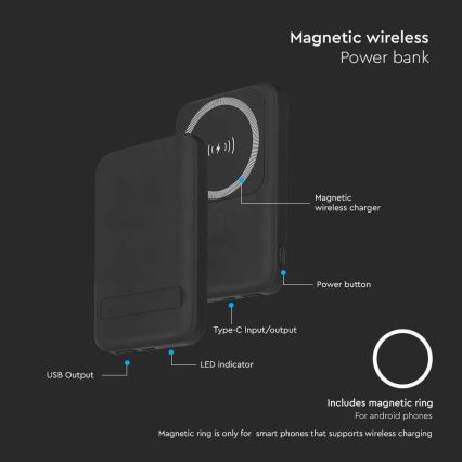 Magnetyczny powerbank z ładowaniem bezprzewodowym Power Delivery 10 000mAh/20W/3,7V czarny