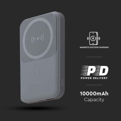 Magnetyczny powerbank z ładowaniem bezprzewodowym Power Delivery 10 000mAh/20W/3,7V szary