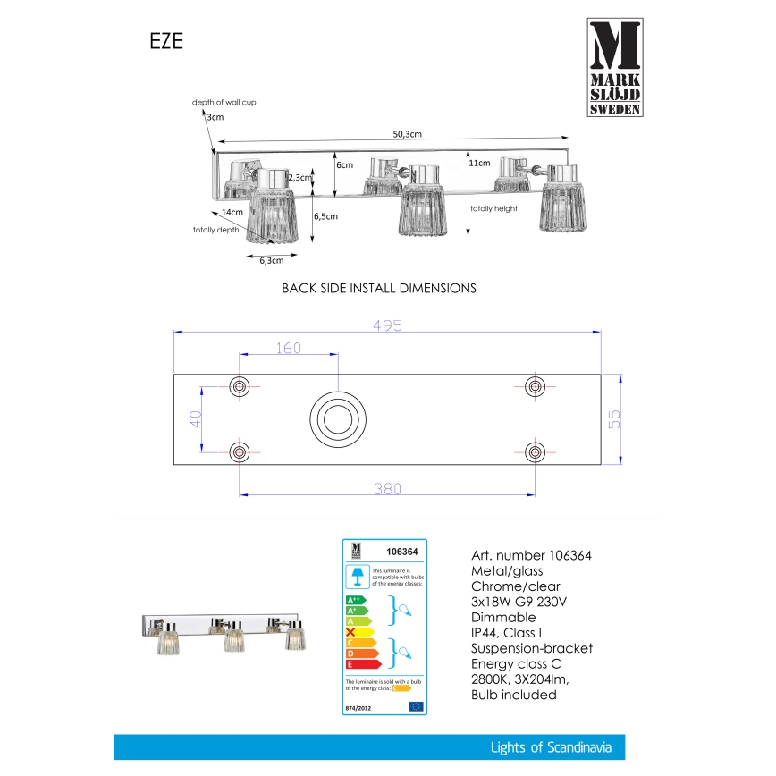 Markslöjd 106364 - Ściemnialny kinkiet EZE 3xG9/18W/230V