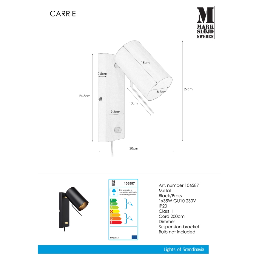 Markslöjd 106587 - Ściemnialny kinkiet CARRIE 1xGU10/35W/230V czarny
