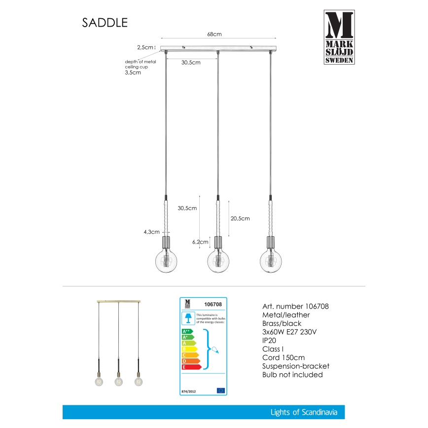 Markslöjd 106708 - Żyrandol na lince SEDLO 3xE27/60W/230V