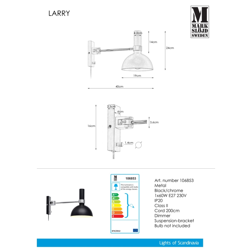 Markslöjd 106970 - Kinkiet ściemnialny LARRY 1xE27/60W/230V