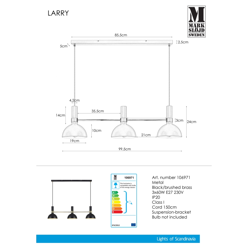 Markslöjd 106971 - Żyrandol na lince LARRY 3xE27/60W/230V czarny/złoty