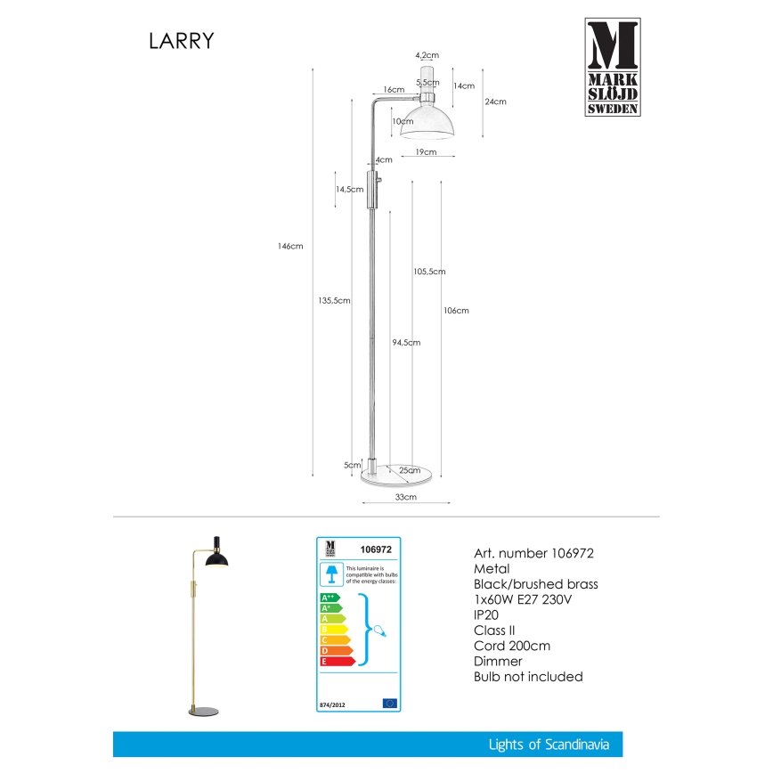 Markslöjd 106972 - Ściemnialna lampa podłogowa LARRY 1xE27/60W/230V czarny/złoty