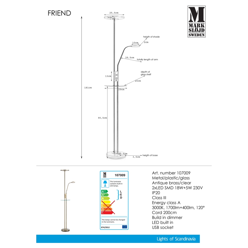 Markslöjd 107009 - LED Ściemnialna lampa podłogowa FRIEND LED/18W/230V + LED/5W
