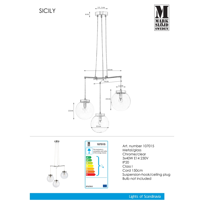 Markslöjd 107015 - Żyrandol na lince SICILY 3xE14/40W/230V