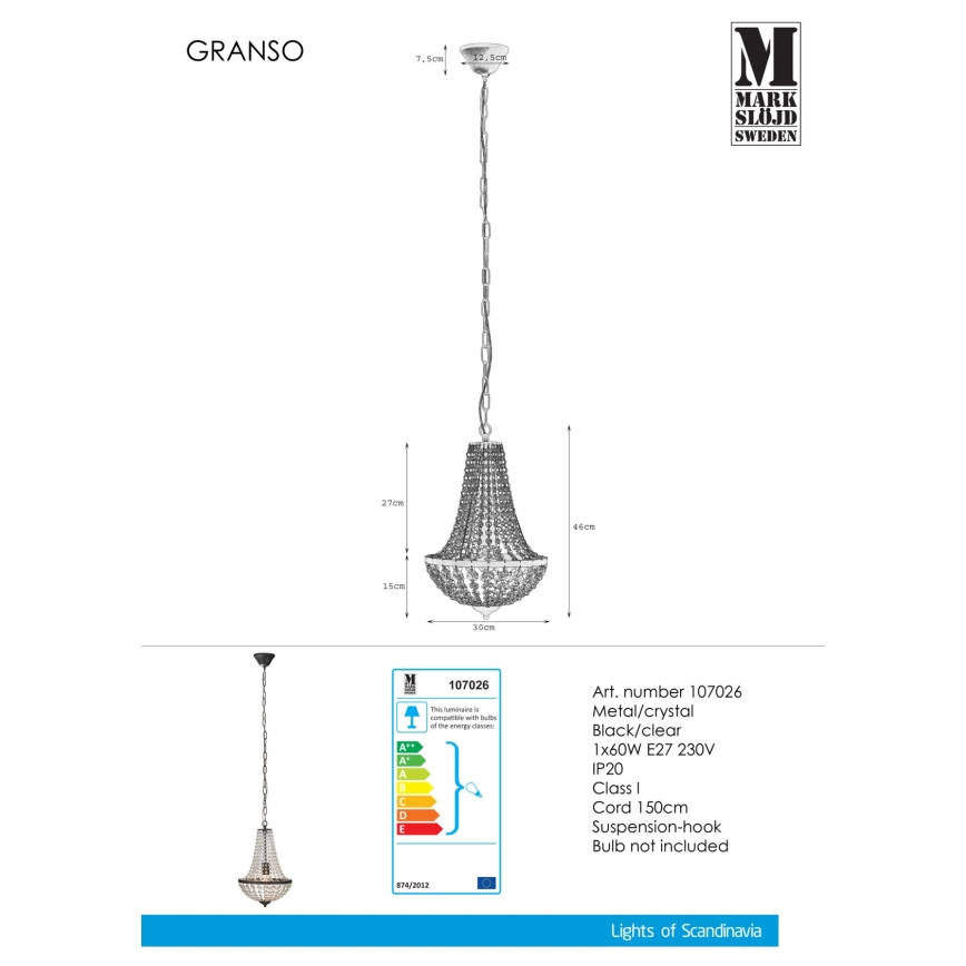 Markslöjd 107026 - Kryształowy żyrandol na łańcuchu GRÄNSÖ 1xE27/60W/230V