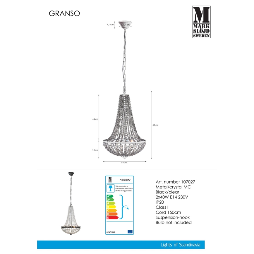 Markslöjd 107027 - Kryształowy żyrandol na łańcuchu GRÄNSÖ 2xE14/40W/230V