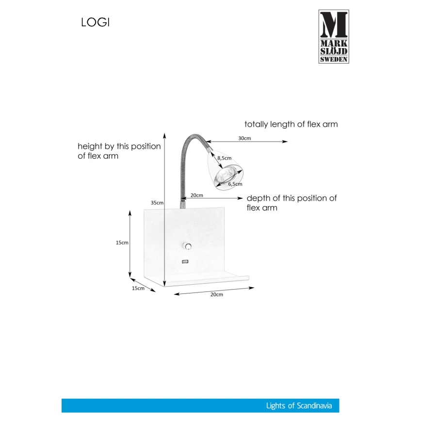 Markslöjd 107141 - Ściemnialny kinkiet z USB gniazdkiem LOGI 1xGU10/7W/230V