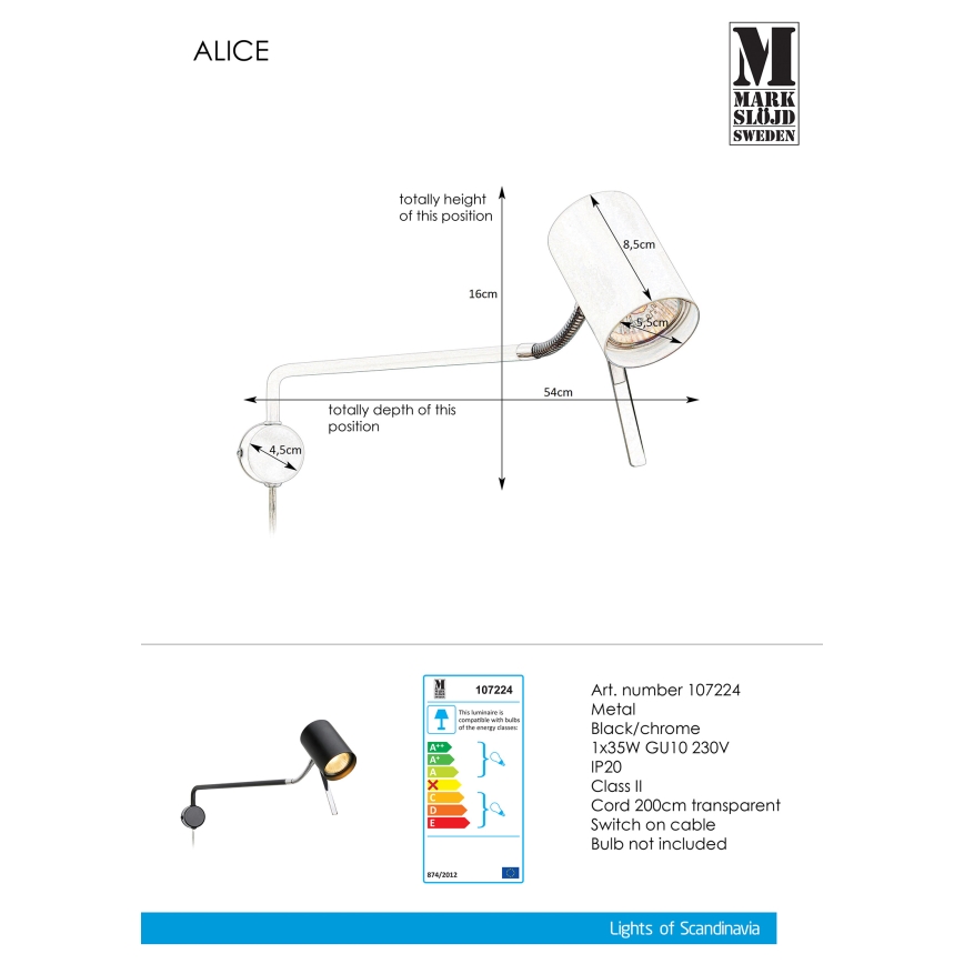 Markslöjd 107224 - Kinkiet ALICE 1xGU10/35W/230V czarny