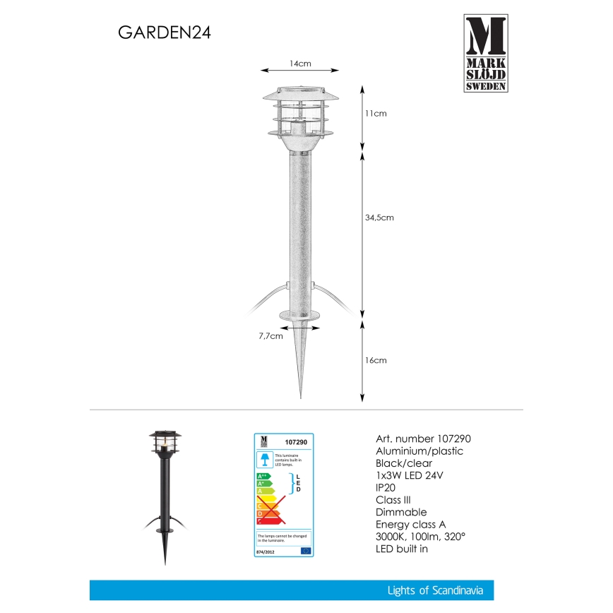Markslöjd 107290 - LED Lampa zewnętrzna GARDEN 24 LED/3W/24V 45 cm IP44 czarna