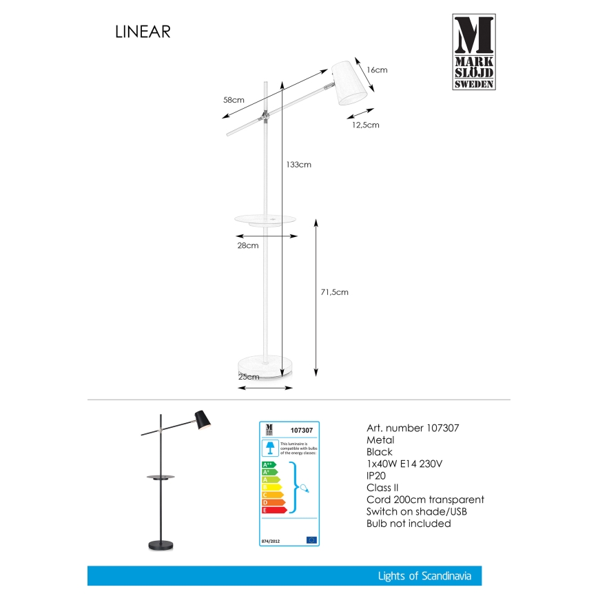 Markslöjd 107307 - Lampa podłogowa z USB LINEAR 1xE14/40W/230V