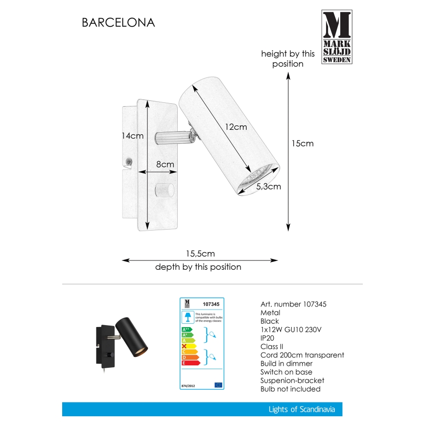 Markslöjd 107345 - Ściemnialny reflektor ścienny BARCELONA 1xGU10/12W/230