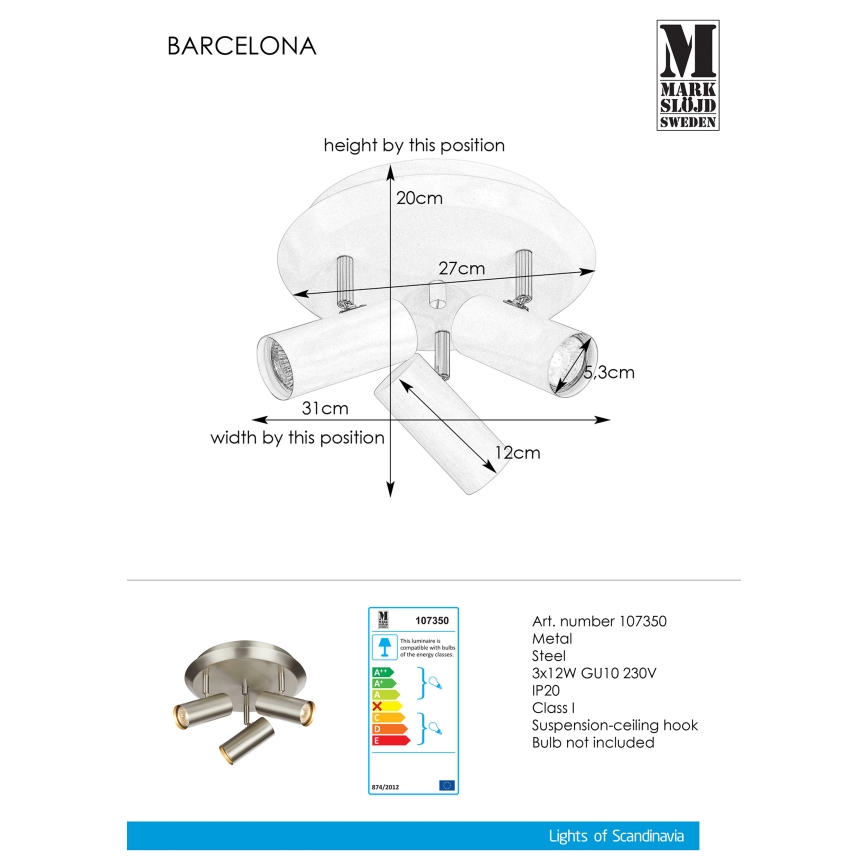 Markslöjd 107350 - Oświetlenie punktowe BARCELONA 3xGU10/12W/230V