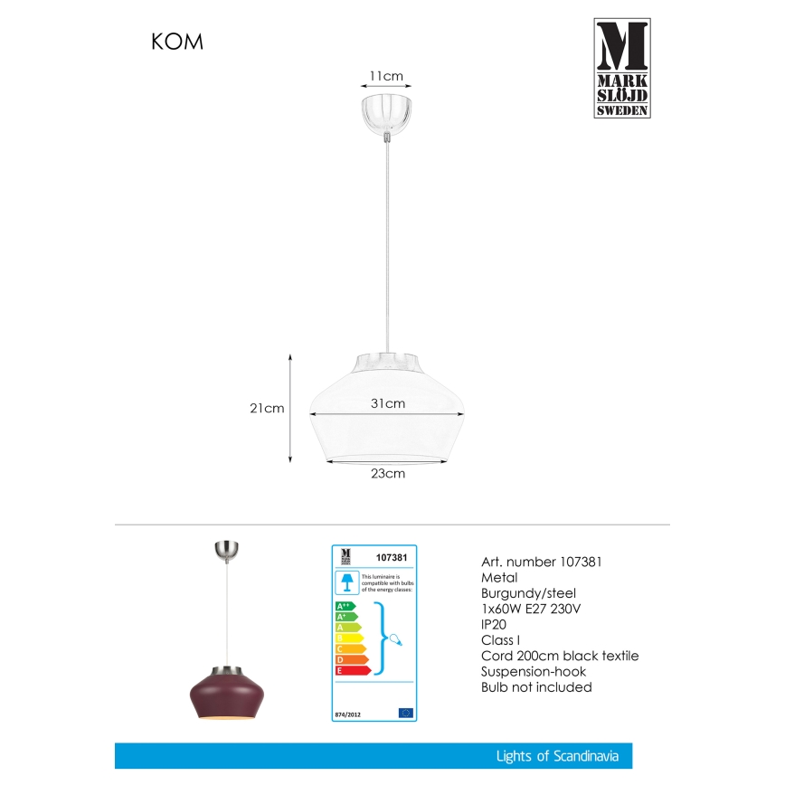 Markslöjd 107381 - Żyrandol na lince KOM 1xE27/60W/230V