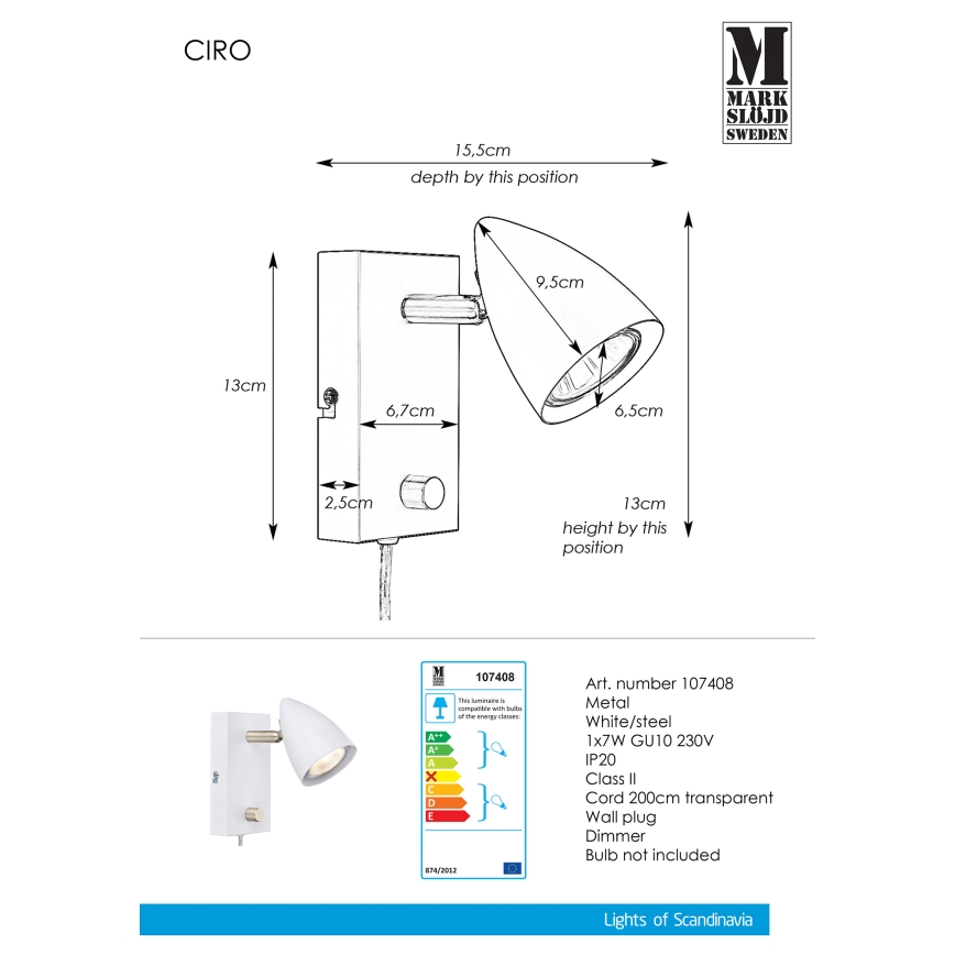 Markslöjd 107408 - Kinkiet ściemnialny CIRO 1xGU10/35W/230V