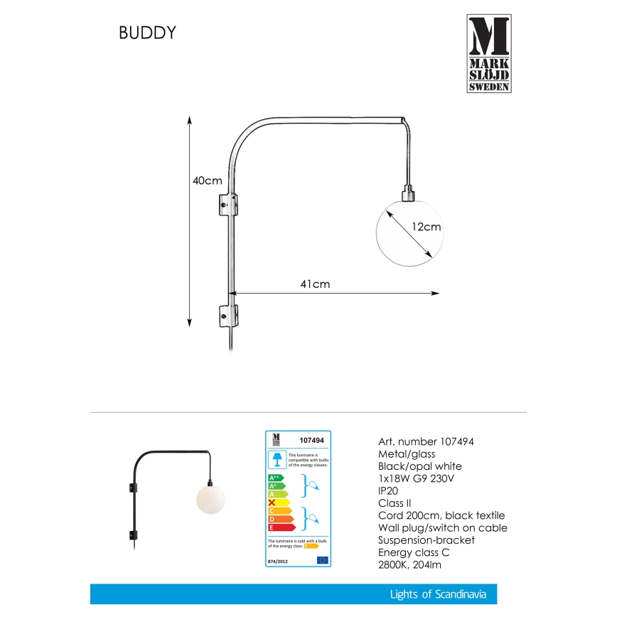 Markslöjd 107494 - Kinkiet BUDDY 1xG9/18W/230V