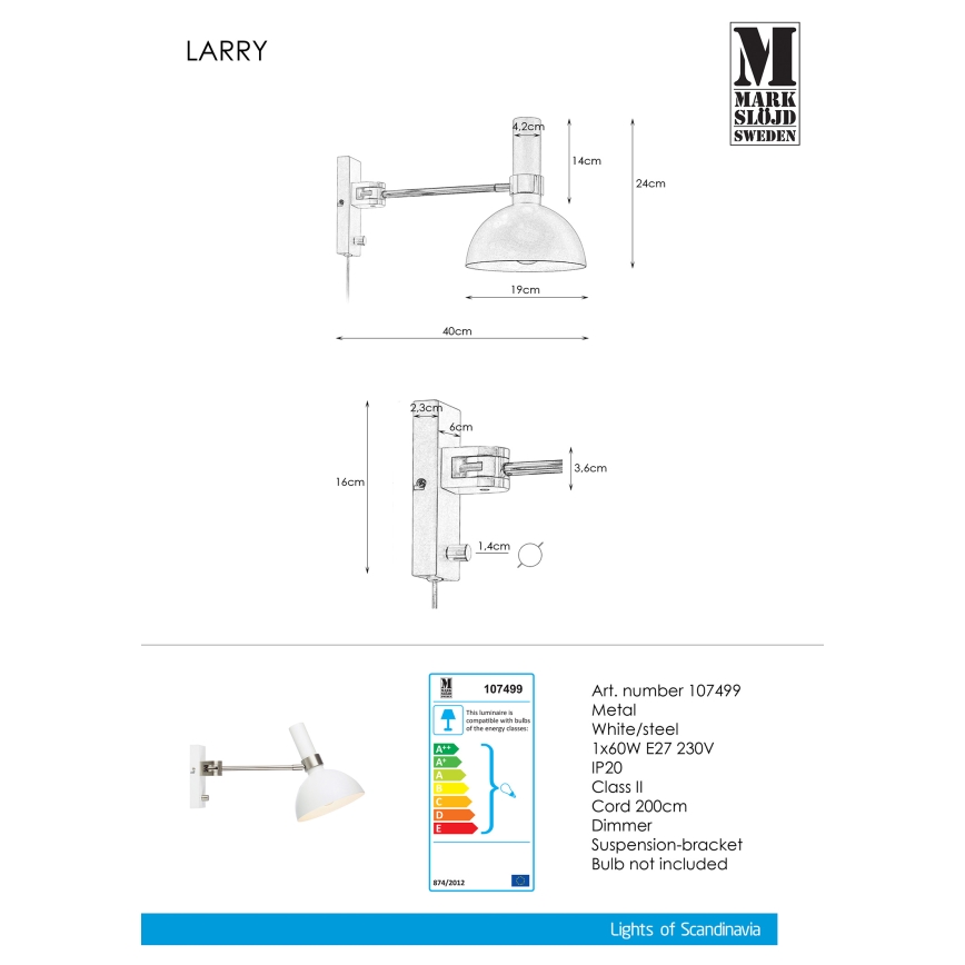 Markslöjd 107499 - Kinkiet ściemnialny LARRY 1xE27/60W/230V