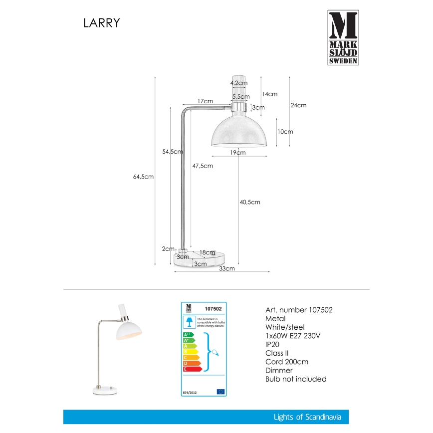 Markslöjd 107502 - Lampa ściemnialna stołowa LARRY 1xE27/60W/230V