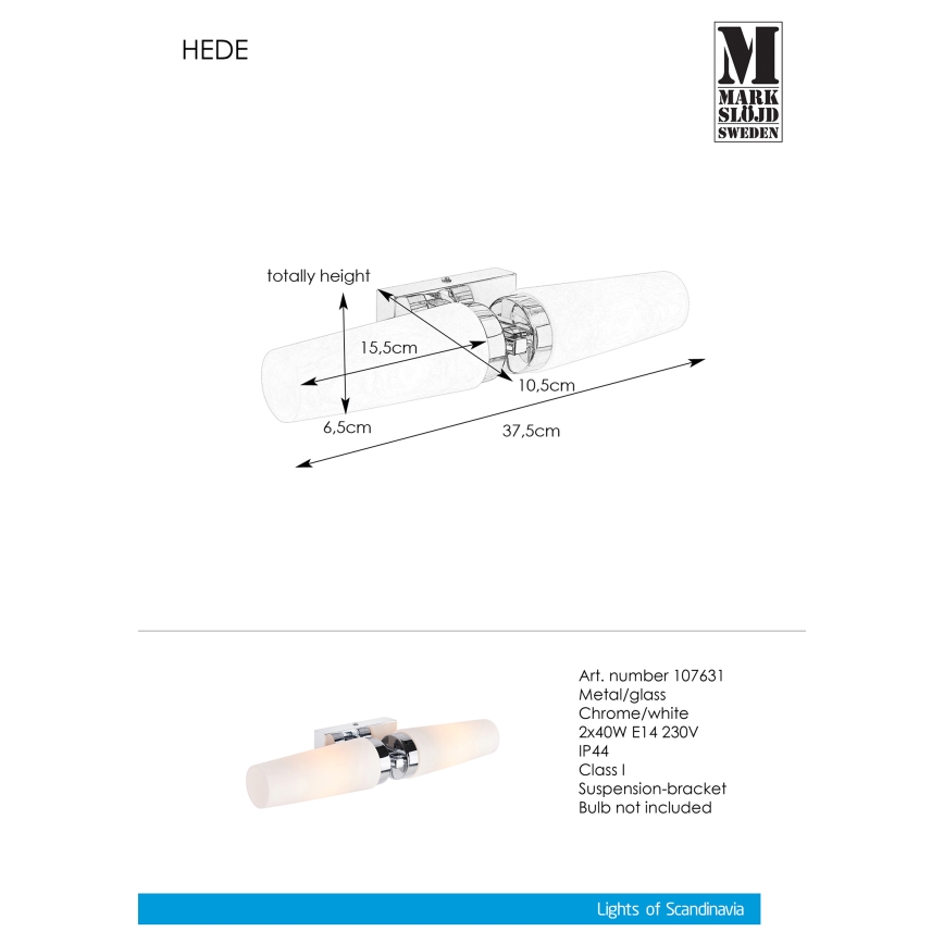 Markslöjd 107631 - Kinkiet łazienkowy HEDE 2xE14/40W/230V IP44