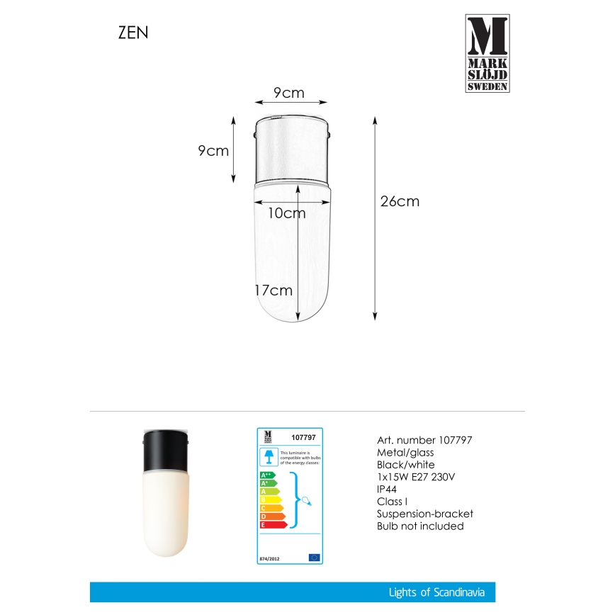 Markslöjd 107797 - Plafon łazienkowy ZEN 1xE27/15W/230V IP44