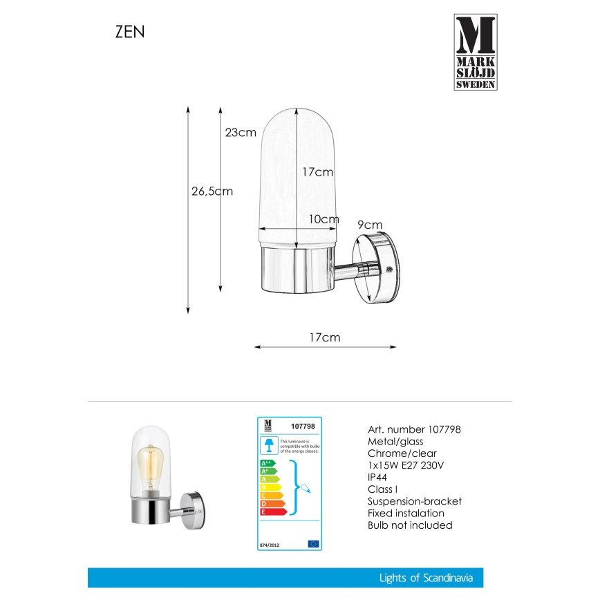 Markslöjd 107798 - Kinkiet łazienkowy ZEN 1xE27/15W/230V IP44