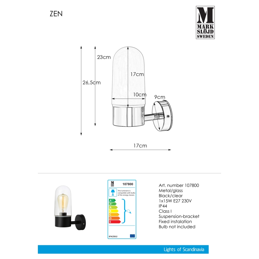 Markslöjd 107800 - Kinkiet łazienkowy ZEN 1xE27/15W/230V IP44