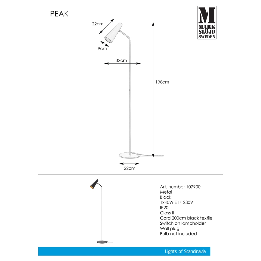 Markslöjd 107900 - Lampa podłogowa PEAK 1xE14/40W/230V