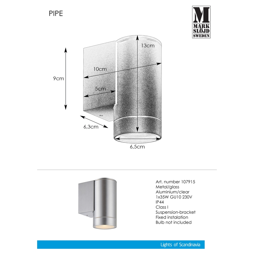 Markslöjd 107915 - Kinkiet zewnętrzny PIPE 1xGU10/35W/230V IP44