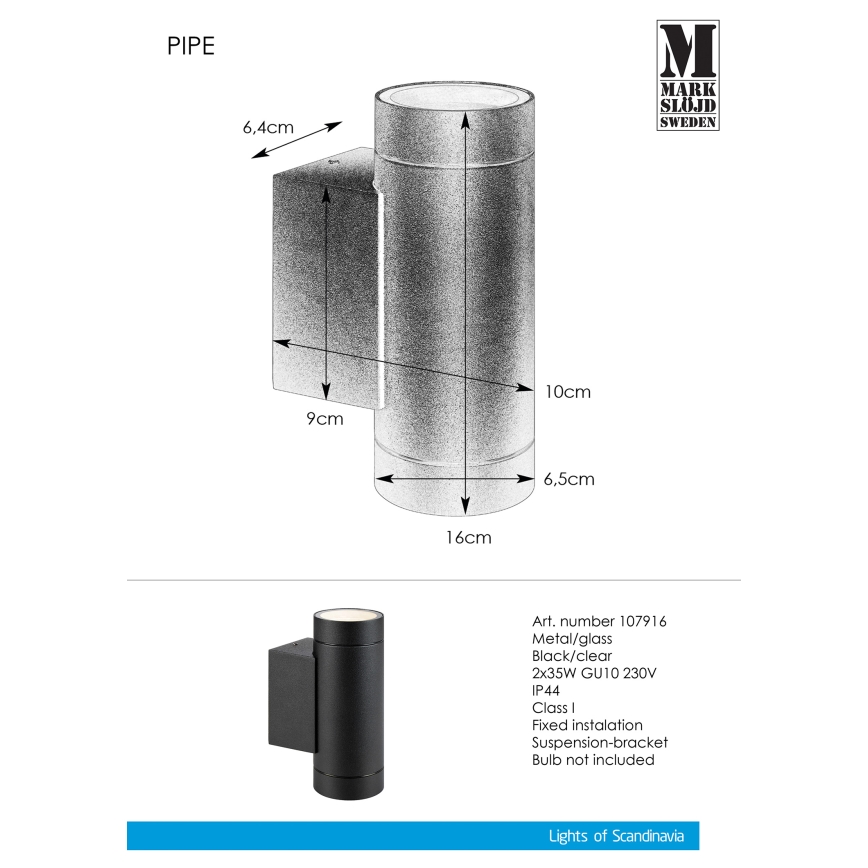 Markslöjd 107916 - Kinkiet zewnętrzny PIPE 2xGU10/35W/230V IP44