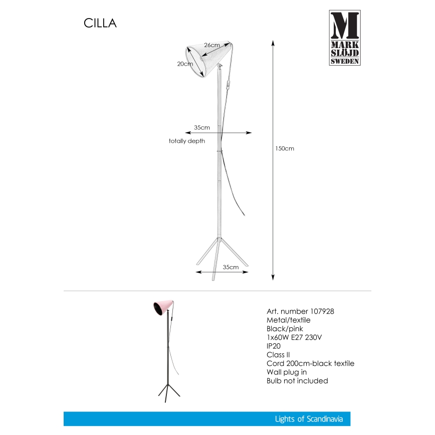 Markslöjd 107928 - Lampa podłogowa CILLA 1xE27/60W/230V