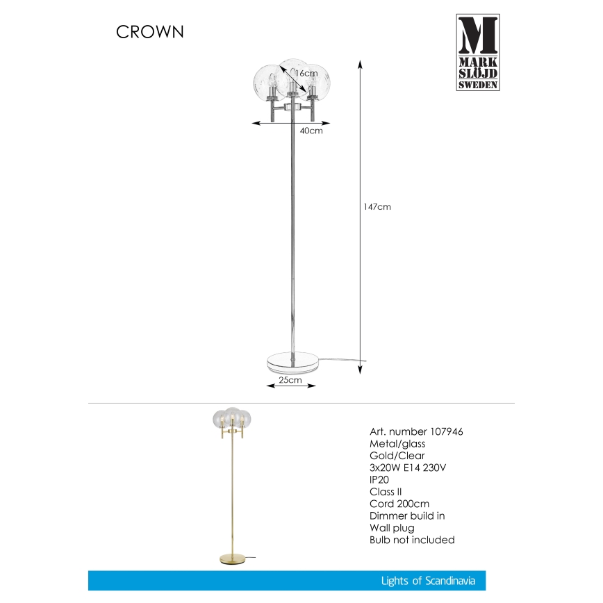 Markslöjd 107946 - Lampa podłogowa CROWN 3xE14/20W/230V
