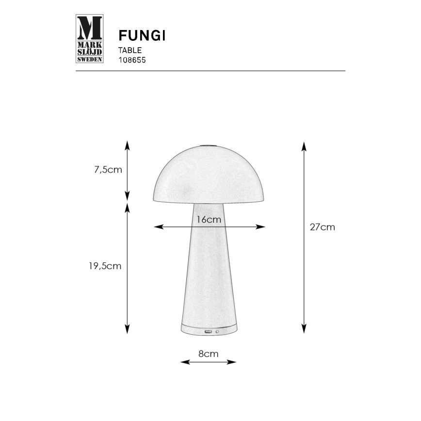 Markslöjd 108655 - LED Ściemnialna lampa akumulatorowa FUNGI LED/1,5W/5V IP44 czarna