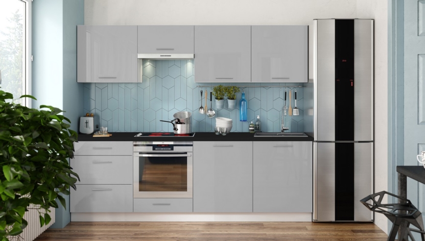 Meble kuchenne CELESTE 240 cm szare błyszczące