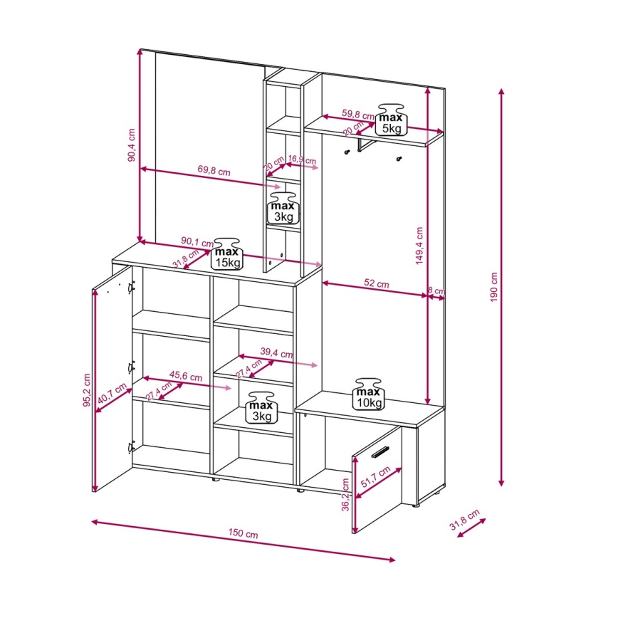 Meblościanka do przedpokoju z lustrem KEVIN, brązowo-czarna